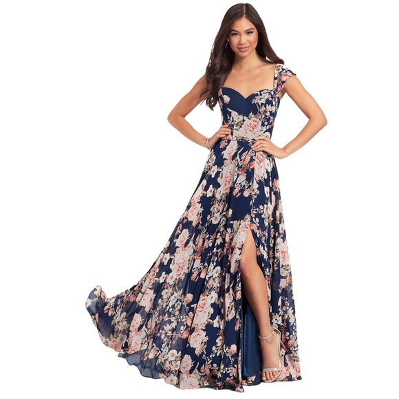 Floral-Print Off-the-Shoulder Long Formal Dress - Picture 4 of 8